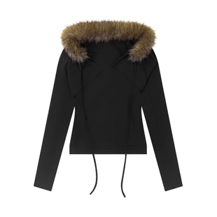 FDR官方店 红色长袖t恤女修身上衣今年新款可拆卸毛领吊带两件套