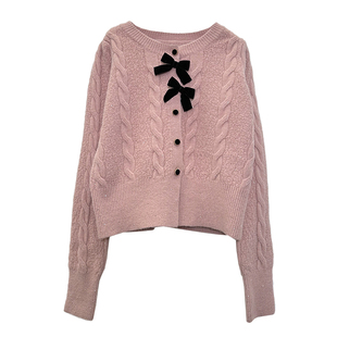 安璃 细闪亮片双蝴蝶结粉色毛衣慵懒甜美麻花针织开衫秋冬新款