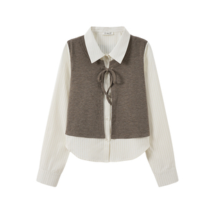 奶油的宇宙 绑带蝴蝶结拼接假两件长袖衬衫女设计感修身早秋上衣