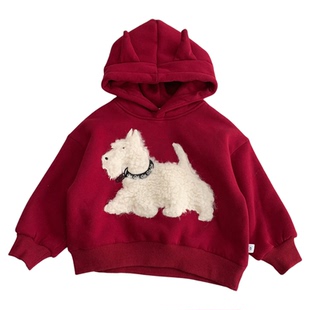 儿童加厚羊羔绒卫衣2025冬季男女童新年红色洋气帽衫小童卡通上衣