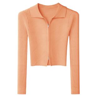 秋新品polo领拉链针织开衫高腰紧身显瘦打底衫减龄上衣外套毛衣女