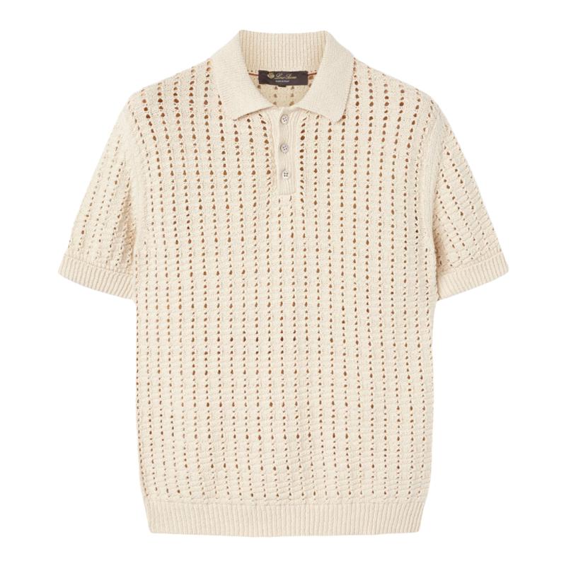 Loro Piana/诺悠翩雅男装木薯粉白色精美镂空短袖时尚休闲Polo衫