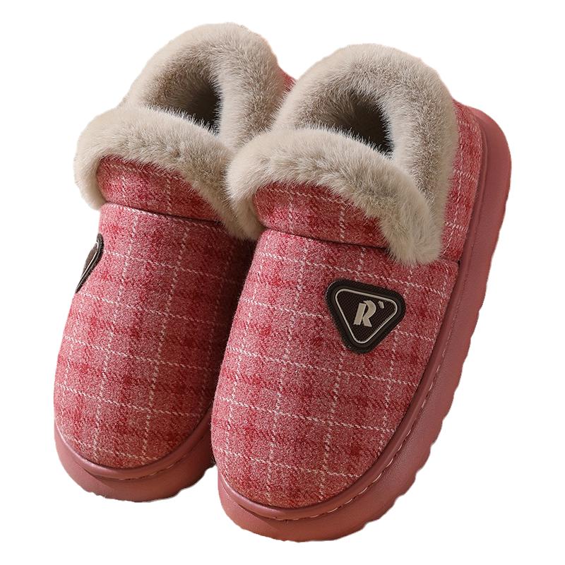 包跟棉拖鞋女2024冬季新款格子居家室内厚底防滑家用中老年棉鞋男