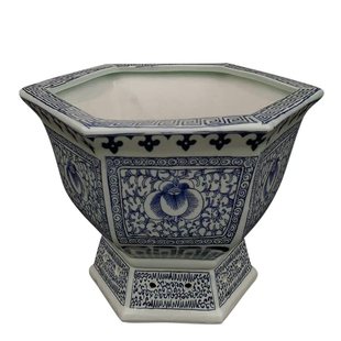 景德镇陶瓷大号八角六角高脚花盆客厅阳台桌面装饰青花贴花高温瓷