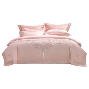 水星家纺长绒棉粉色结婚床品纯棉婚庆套件喜庆被套陪嫁婚庆四件套