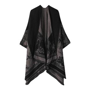 黑色国风水墨画披肩斗篷女外搭双面办公室空调房毯民族风外套披风