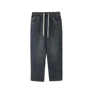 三福2025冬季男士宽松直筒牛仔裤 趣味美式橡筋腰头裤子514298
