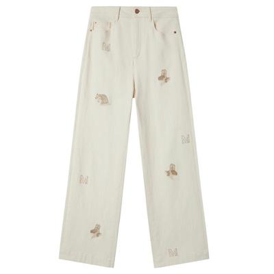 谜底直筒白色牛仔裤长裤2025年冬季新品亲肤绣花宽松女254MJ1478