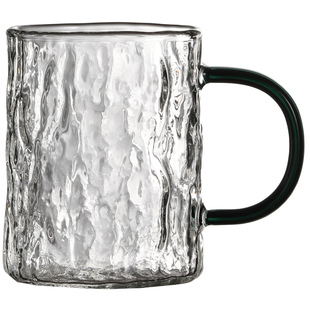 玻璃水杯家用男士茶杯透明冰川纹马克杯子耐高温单层带把手咖啡杯