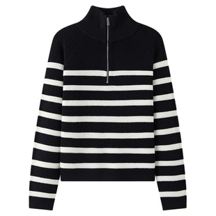 JCLP金纯良品美丽诺羊毛老钱风慵懒撞色经典条纹宽松翻领针织毛衣