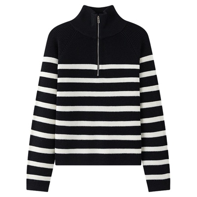 JCLP金纯良品美丽诺羊毛老钱风慵懒撞色经典条纹宽松翻领针织毛衣