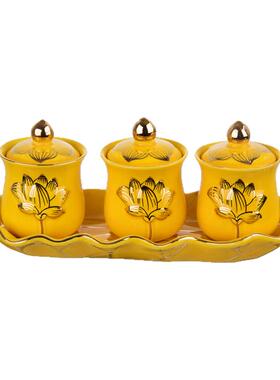 莲花大悲水黄色陶瓷三套佛具用品