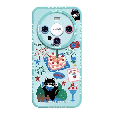 蛋糕小黑猫适用华为mate80Promax手机壳液态硅胶mate60pro保护套挂绳mt70高级感30epro全包防摔40女新款超薄