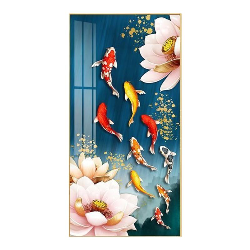 玄关竖版钻石画荷花鱼图年年有余