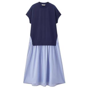 设计师款佐丹奴假两件连衣裙女拼接条纹圆领短袖裙子女18465213