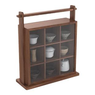 原创提梁九宫格瓷器盒实木置物方格架玻璃门桌面茶壶收纳盒多宝格