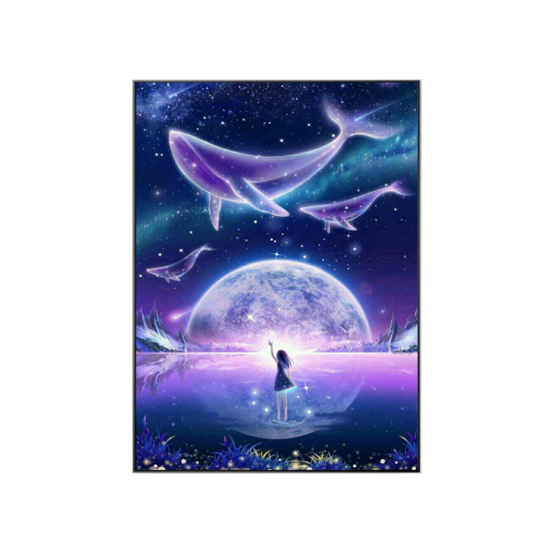 卡通梦幻唯美鲸鱼风景钻石画粘钻