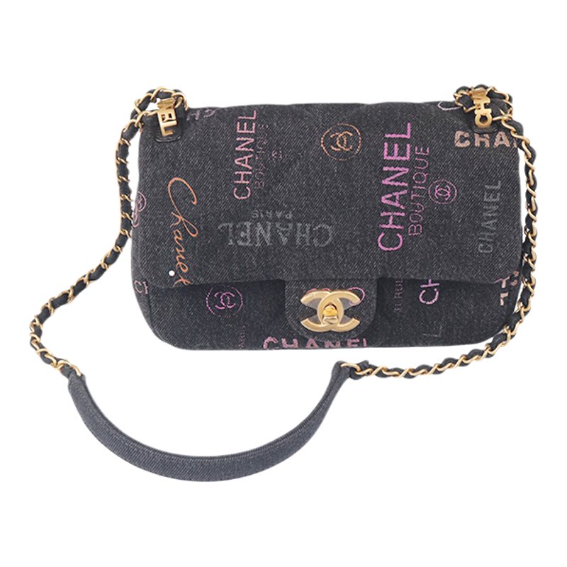 【自营】中古9新CHANEL(香奈儿)涂鸦丹宁口盖包黑色印花斜挎包