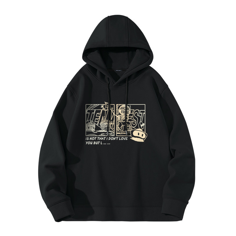 JR真维斯连帽卫衣男2023春秋款美式重磅宽松潮牌男士黑色套头衫T