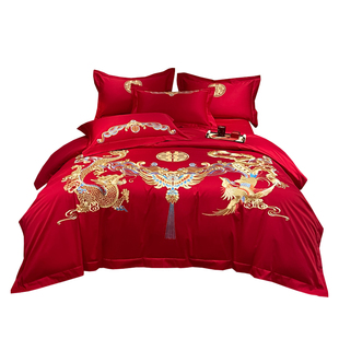 红豆全棉婚庆结婚四件套纯棉喜庆婚嫁床上用品新婚大红色床单被套