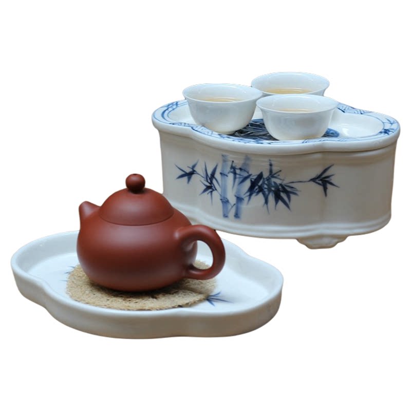 老潮州复古海棠青花陶瓷茶船手绘