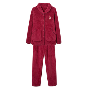 文森熊猫雪花绒秋冬家居服睡衣女士可外穿加绒加厚法兰绒套装