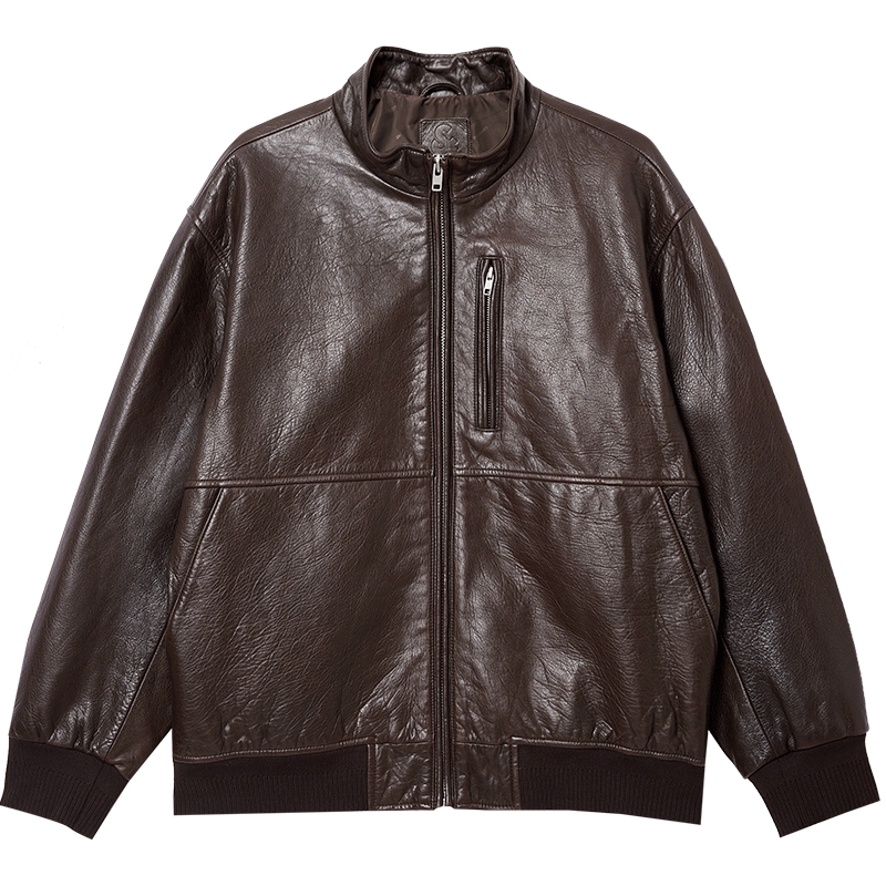 杰克琼斯男装士秋季新款夹克羊皮革插袋长袖宽松立领经典舒适上衣