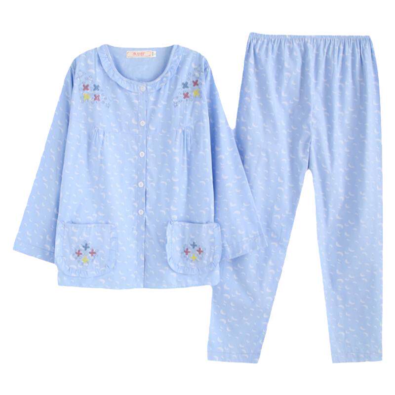 睡衣女士春秋款100%纯棉长袖全棉家居服夏梭织棉布加大码薄款套装