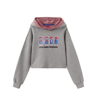 wigglewiggle26春秋个性印花连帽卫衣短款撞色女装上衣多巴胺穿搭