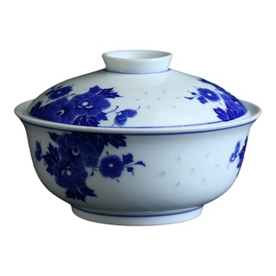 景德镇陶瓷7英寸牡丹花合器带盖盘子菜盘家用青花玲珑盖碗套装微