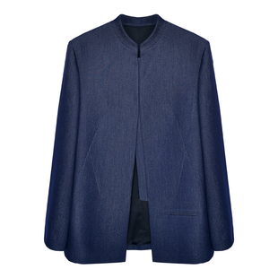 因由新中式立领收腰仿牛仔西装外套马甲弯刀裤时尚套装女三件套