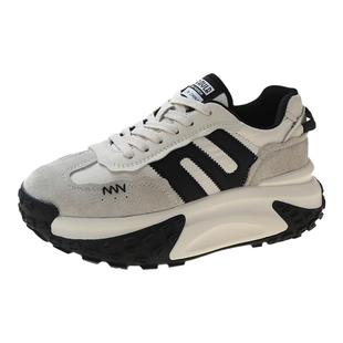 真皮厚底老爹鞋女款2025春秋洋气百搭运动鞋小个子增高阿甘休闲鞋