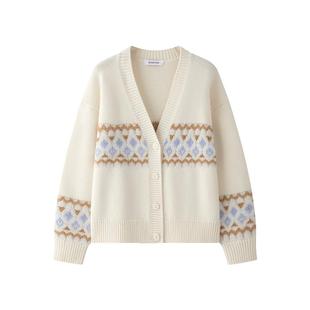 【羊驼毛】羊织道北极圈 费尔岛提花毛衣外套v领针织开衫冬毛衣女