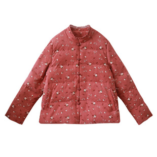 现货【丹枫红酿】灯芯绒盘扣羽绒服女冬短款新款复古碎花棉服外套