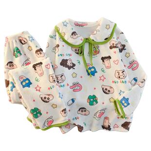 蜡笔小新女童珊瑚绒睡衣秋冬薄款法兰绒公主女孩初中生家居服套装