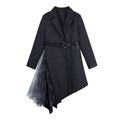 sdeer收腰拼接网纱印花毛呢大衣