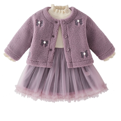 女童长袖连衣裙小童冬季加绒宝宝紫色礼服裙子套装儿童公主裙新款
