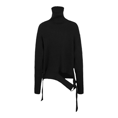 sdeer圣迪奥女装罗纹高领宽松不规则黑色毛衣S21483555