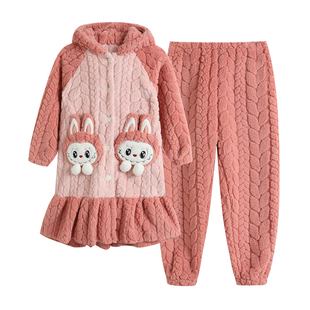 奶龙女童珊瑚绒睡衣冬季加厚长款儿童家居服女孩法兰绒睡袍两件套