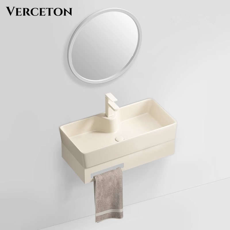 奶油色挂墙式不锈钢支架盆组合小户型阳台壁挂式陶瓷洗手洗脸吊盆