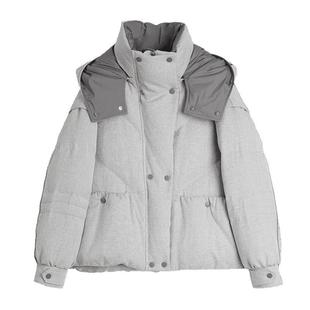 【自营】ELLE90白鸭绒灰色短款连帽羽绒服女2024冬季新款保暖外套