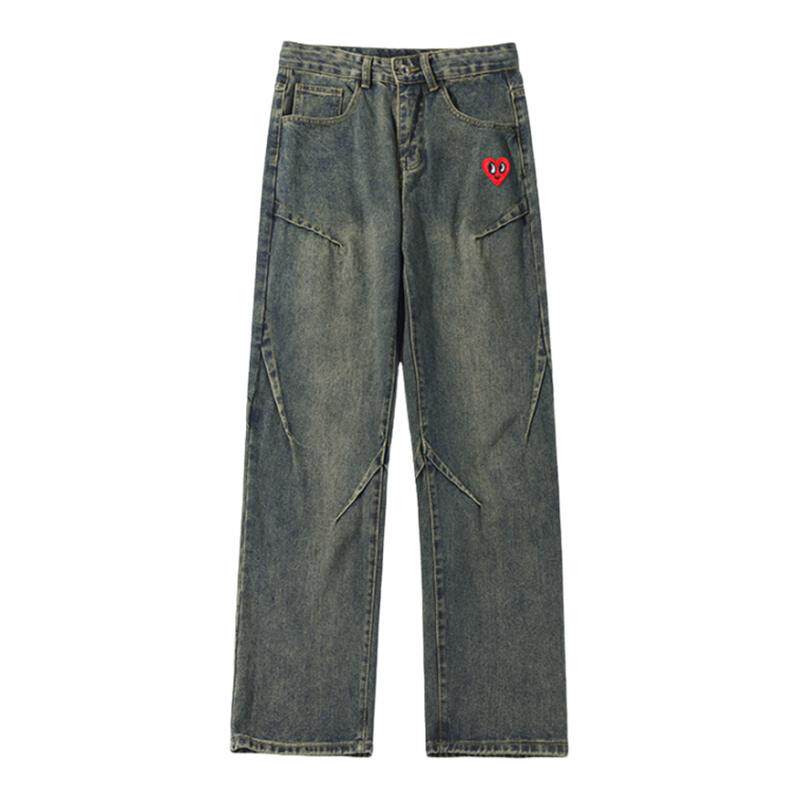 查尔斯桃心 水洗做旧牛仔裤男春季新款美式复古褶皱直筒阔腿长裤