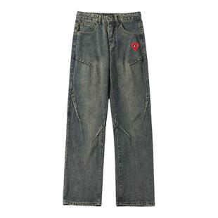 查尔斯桃心水洗做旧牛仔裤男春秋季新款美式复古褶皱直筒阔腿长裤