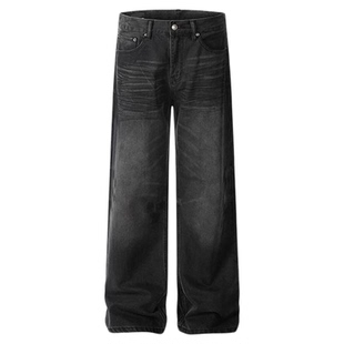 布老哥Blog美式复古褶皱毛絮牛仔裤水洗宽松小微喇直筒长裤潮K727