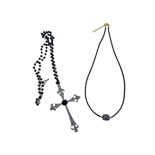 atmshop天然黑晶石滚珠项链夸张十字架长款辣妹朋克复古毛衣链