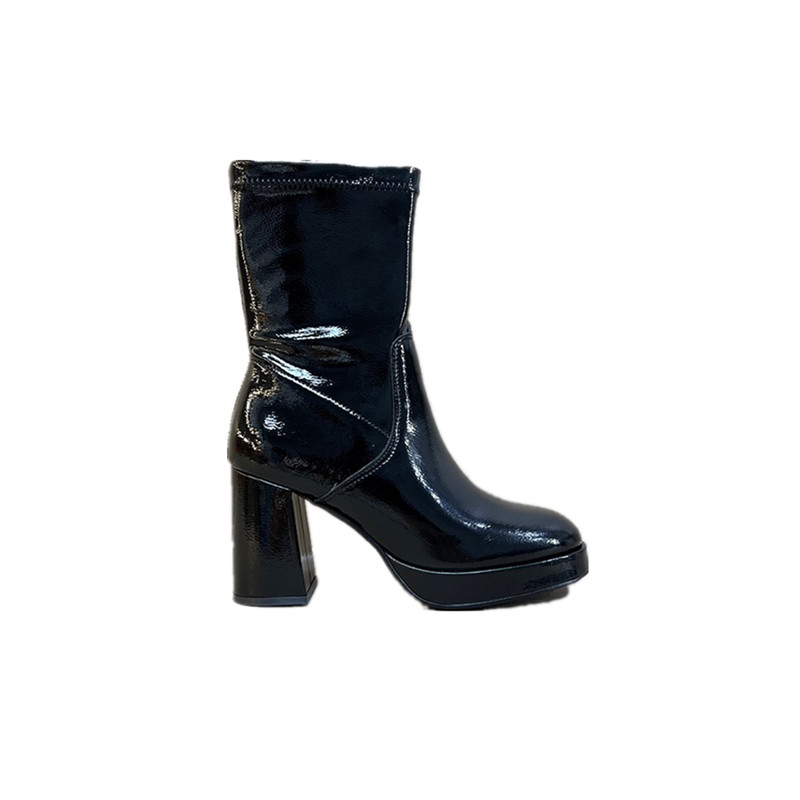 俄罗斯~真皮高跟短靴2025秋冬新款外贸漆皮粗跟防水台增高瘦瘦靴