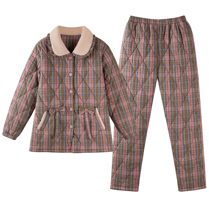 纯棉女款冬季梭织三层夹棉家居服
