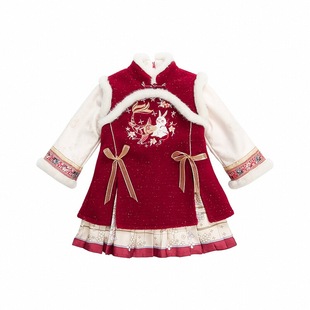 女童拜年服冬款女宝宝红色过年服洋气小女孩中国风加绒汉服连衣裙