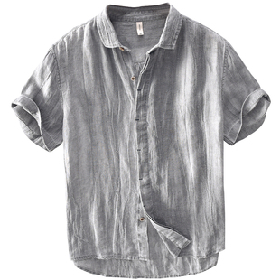 日系复古压皱短袖亚麻衬衫男士夏季休闲青年透气宽松半袖棉麻衬衣