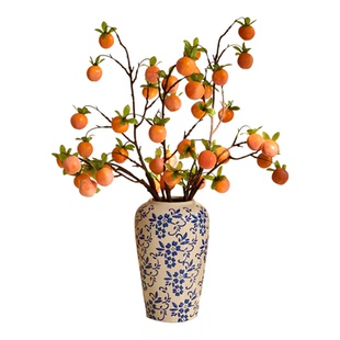 新中式仿真柿子果实树枝柿柿如意插花摆件乔迁花束客厅装饰品摆设